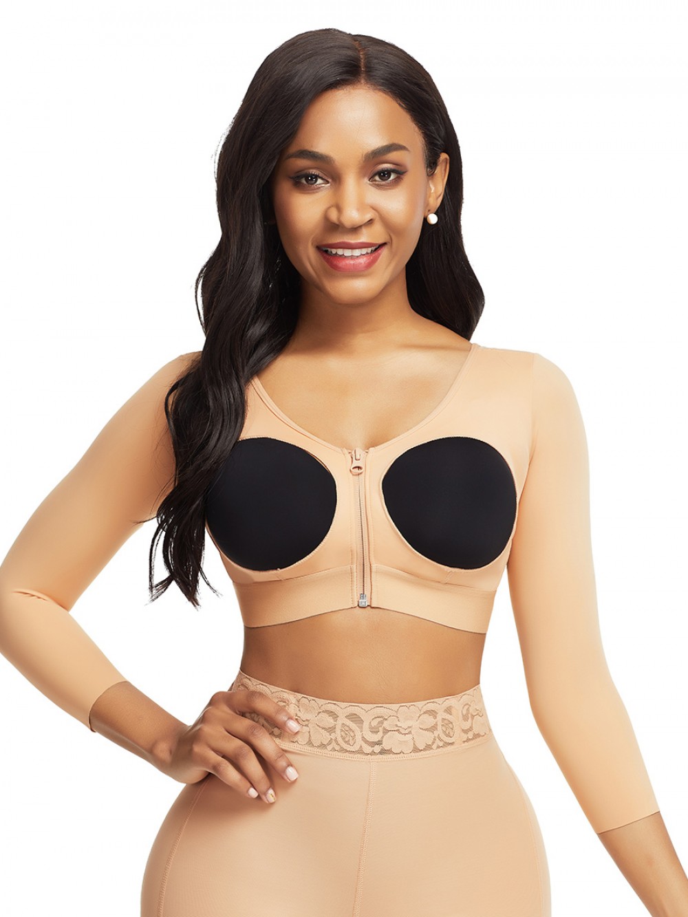 Dark Complexion 3/4 Sleeve Zip Open Bust Shapewear Top Firm Foundations