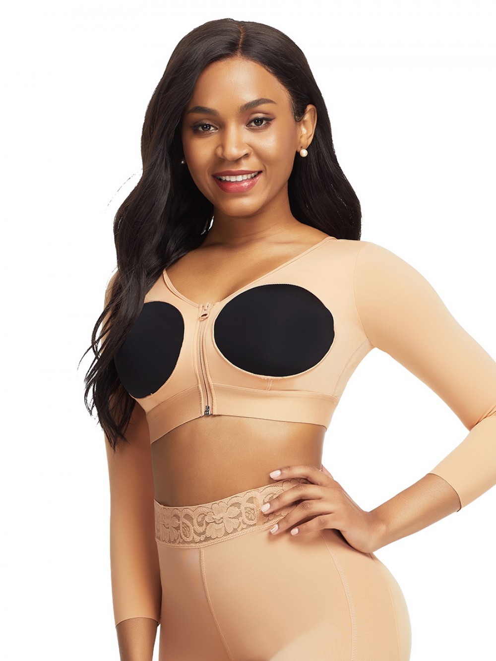 Dark Complexion 3/4 Sleeve Zip Open Bust Shapewear Top Firm Foundations