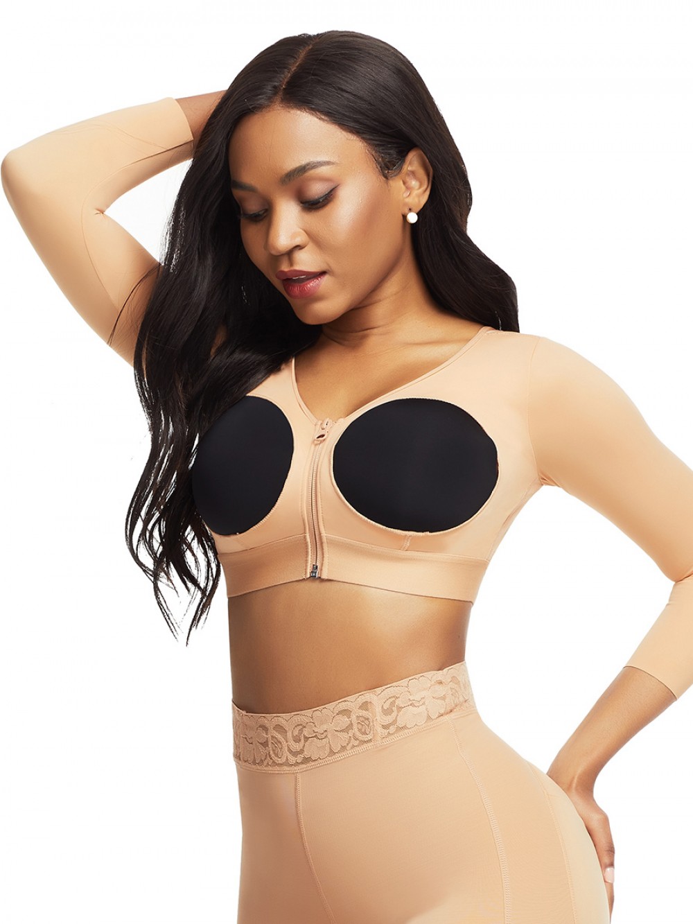 Dark Complexion 3/4 Sleeve Zip Open Bust Shapewear Top Firm Foundations