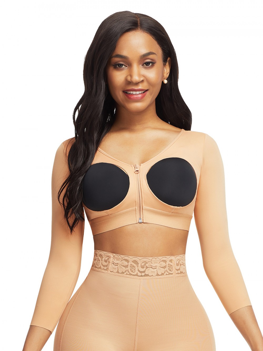 Dark Complexion 3/4 Sleeve Zip Open Bust Shapewear Top Firm Foundations