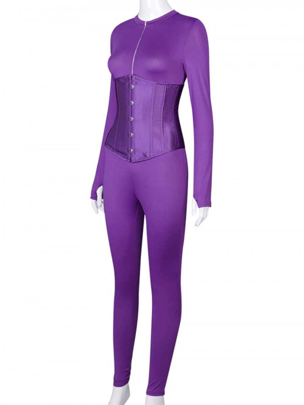 Purple Solid Color Long Sleeve Jumpsuit With Corset Cheap Fashion Style