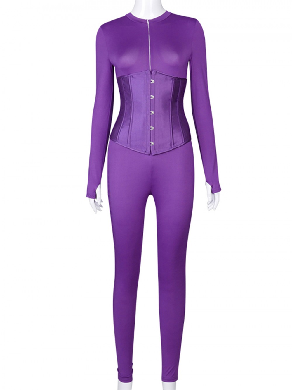Purple Solid Color Long Sleeve Jumpsuit With Corset Cheap Fashion Style