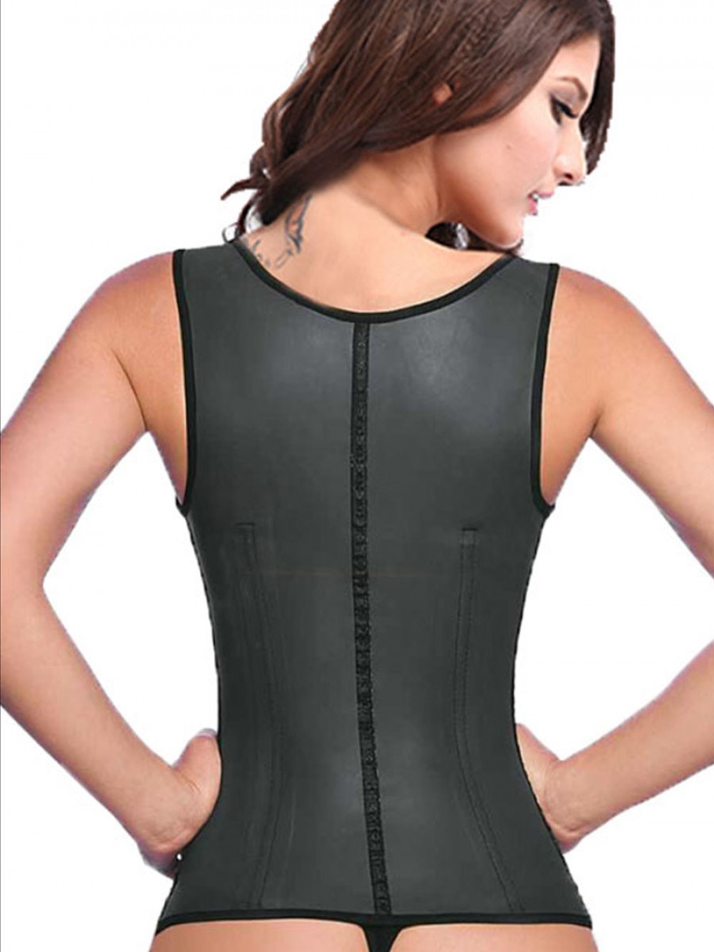 9 Steel Boned Black Latex Waist Trainer Vest With Straps Smooth Abdomen