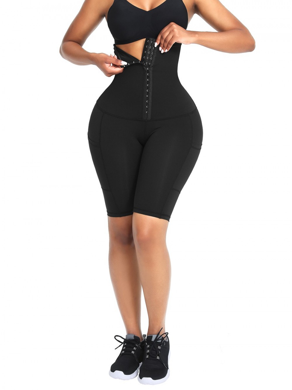 Black Knee Length Tummy Control Waist Trainer Shorts Logo Printed