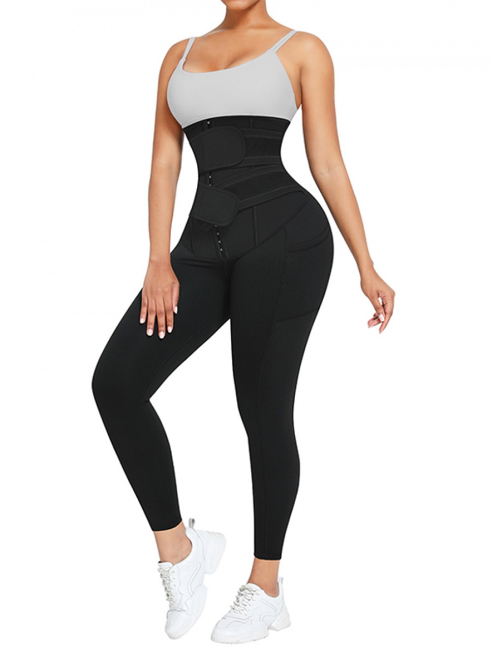 Black Blue PU Coated Lining Leggings And Double Waistbands Tummy Control