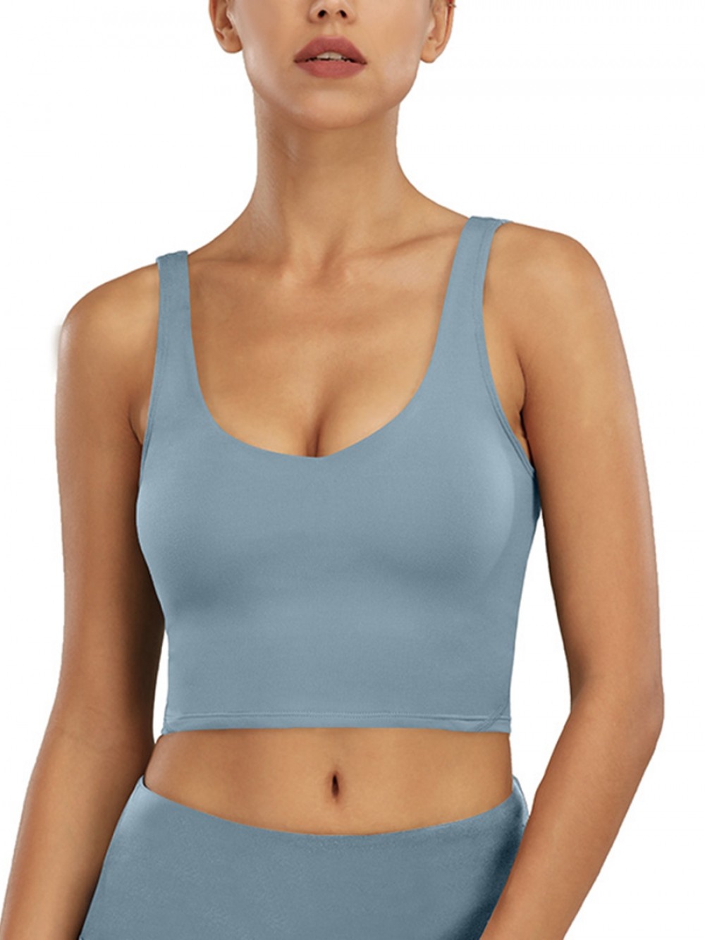 Light Blue Sports Top Low Back U-Collar Feminine Confidence