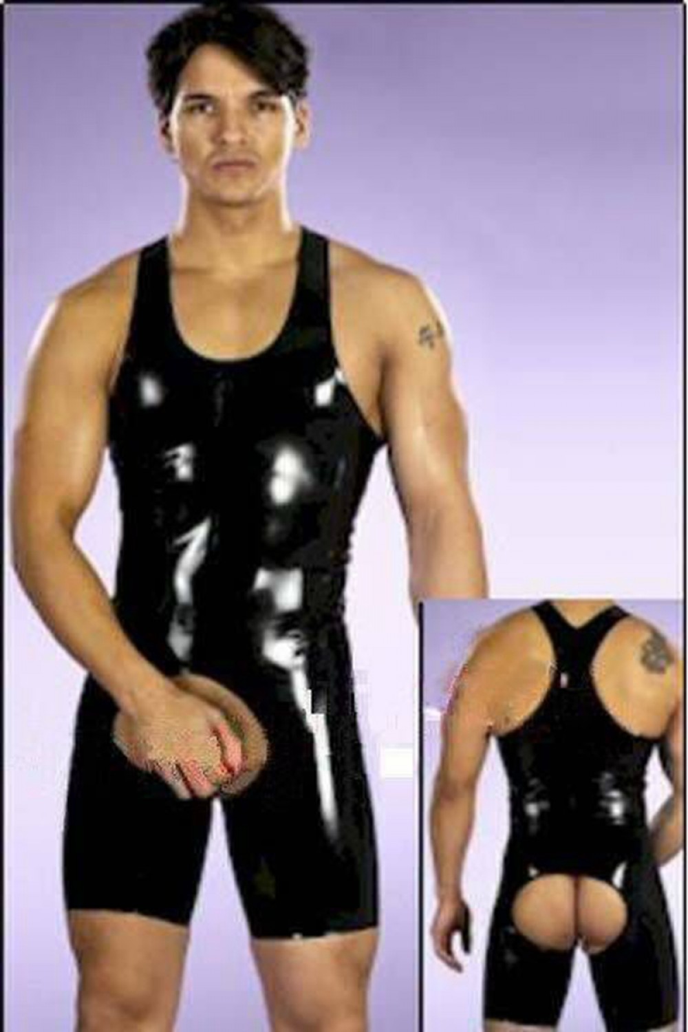 Plus Size Men Black Leather Vest Style Catsuit