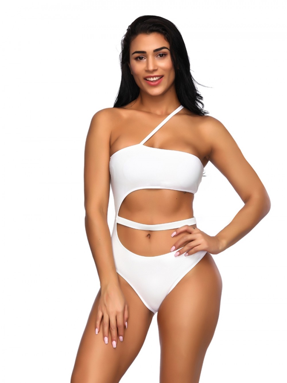 White One Piece Swimsuit Hollow Out Solid Color For Swimming