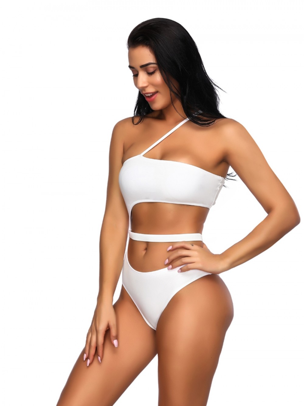 White One Piece Swimsuit Hollow Out Solid Color For Swimming