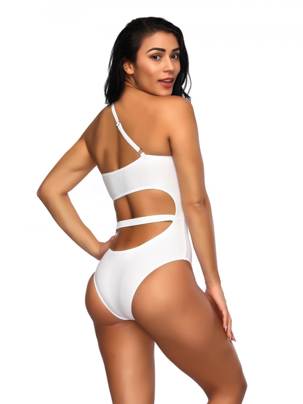 White One Piece Swimsuit Hollow Out Solid Color For Swimming