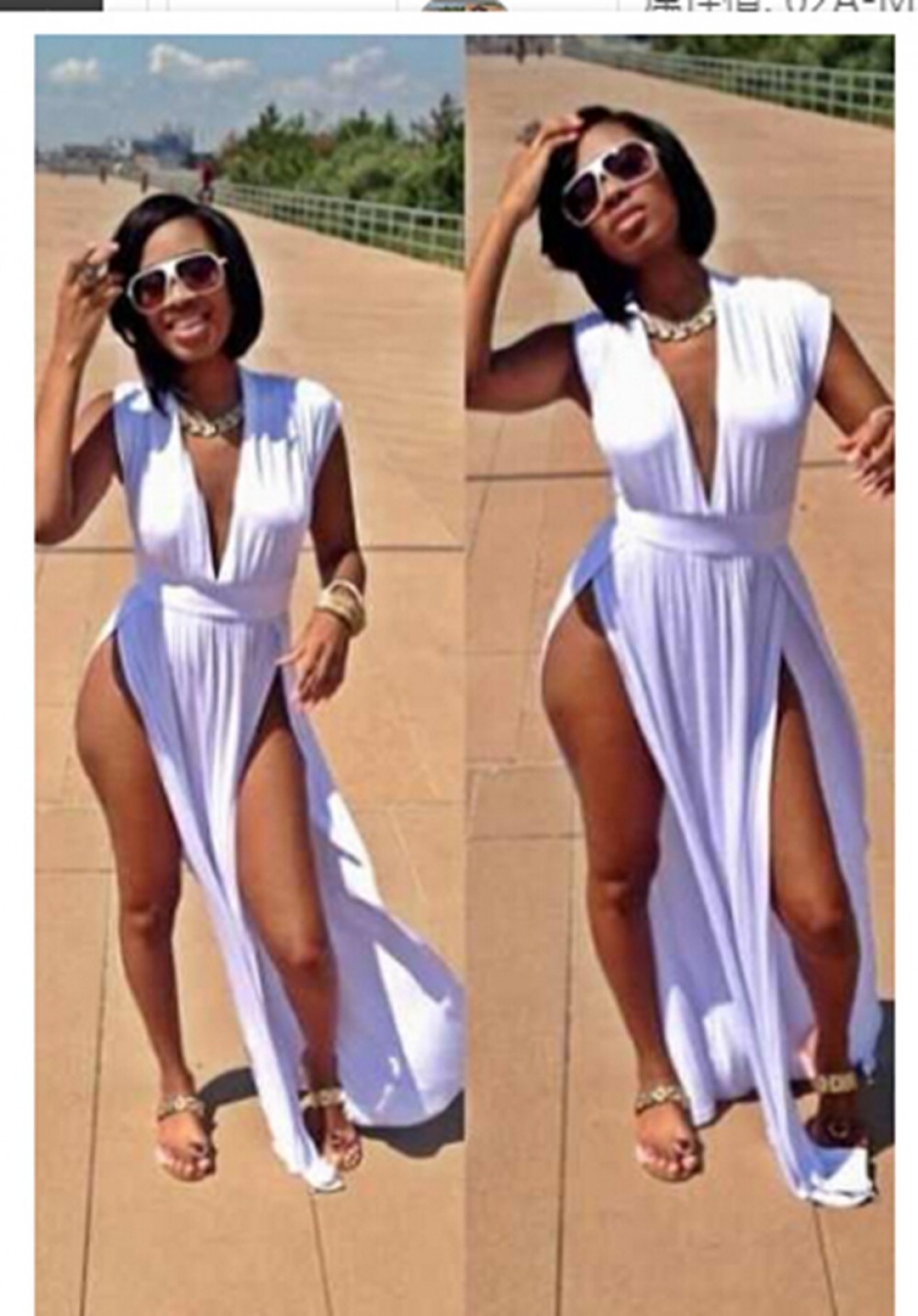 White Maxi Dress Non-Sleeves Deep V Neck Split