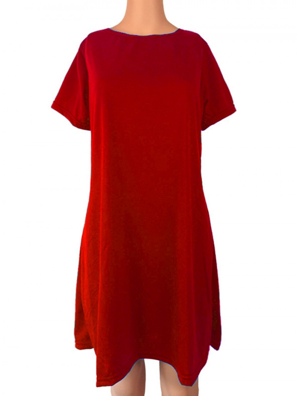 Red Oversize Short Dress Solid Color Crew Neck