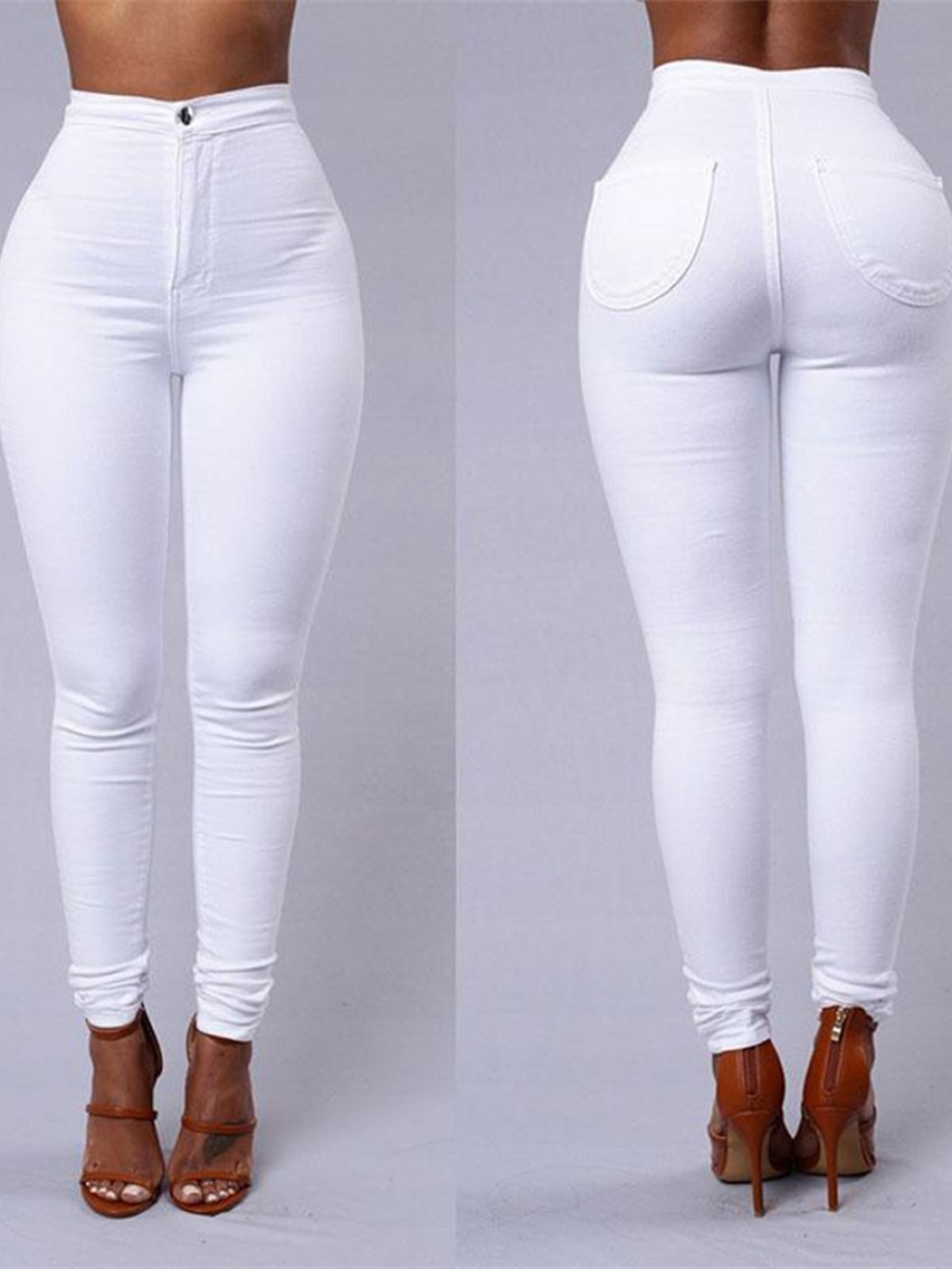 White Pants Pocket At Back Full Length Button