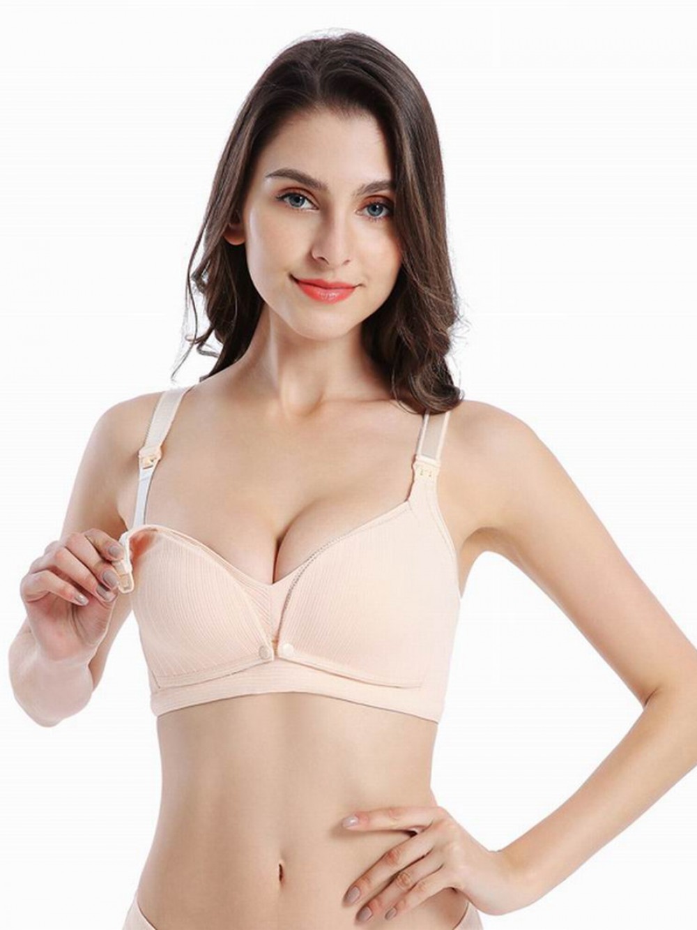 Skin Color Detachable Strap Maternity Bra Solid Color