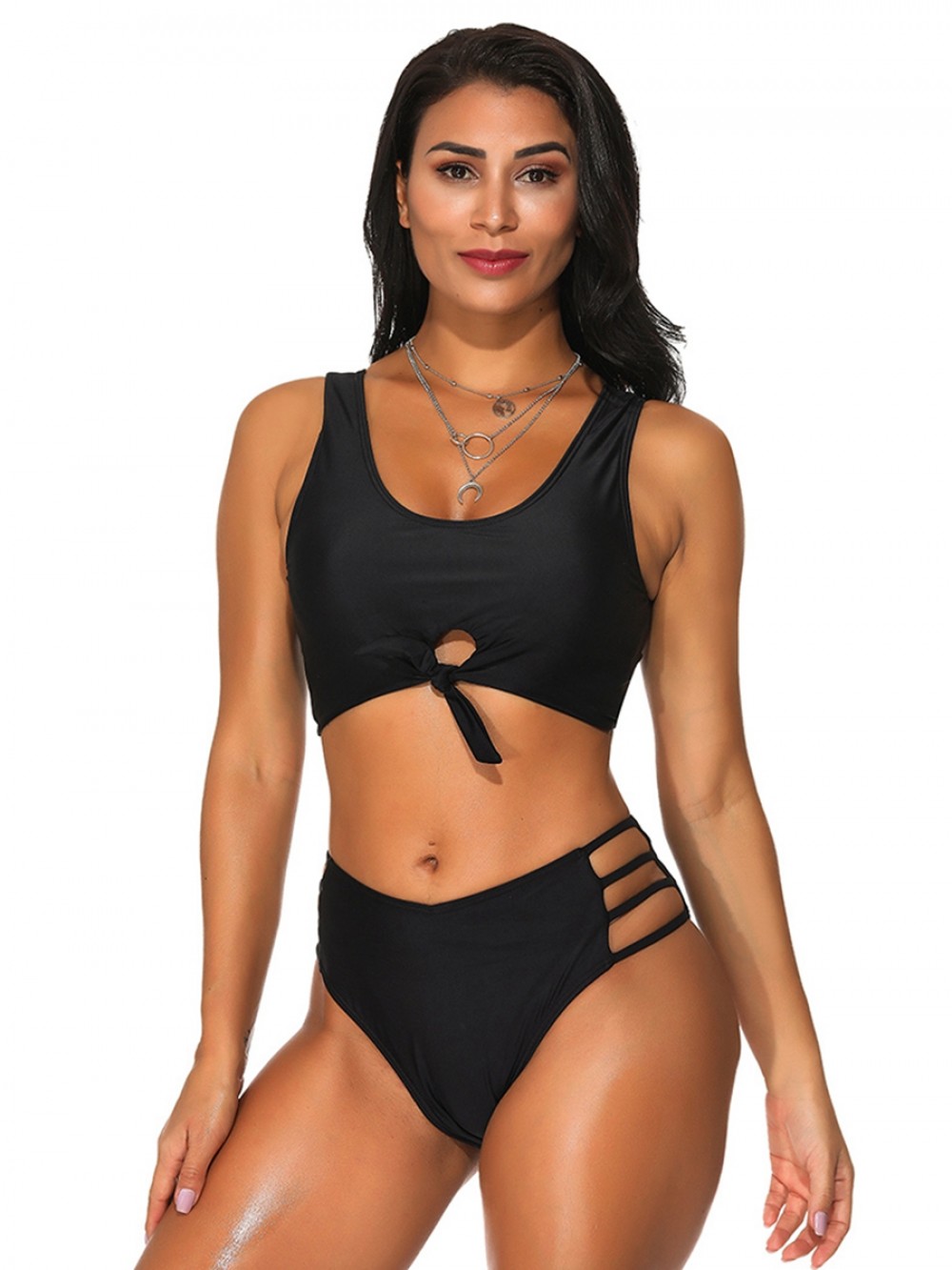 Black Bikini Cut Out Solid Color High Cut