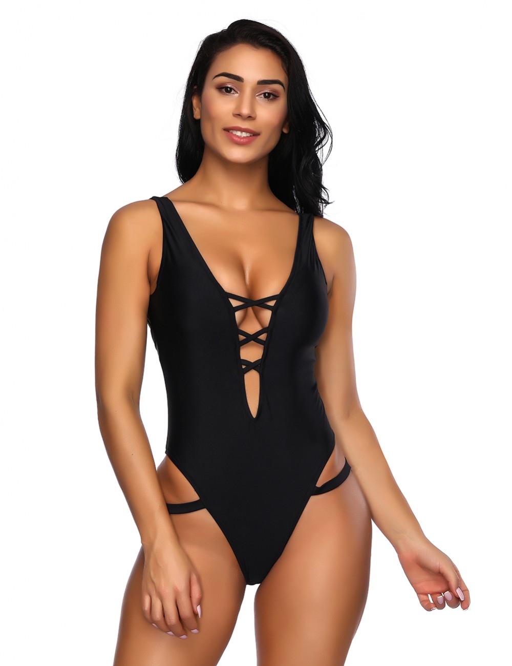 Black Wide Straps One Piece Swimsuit Front Cross Fashion Sale