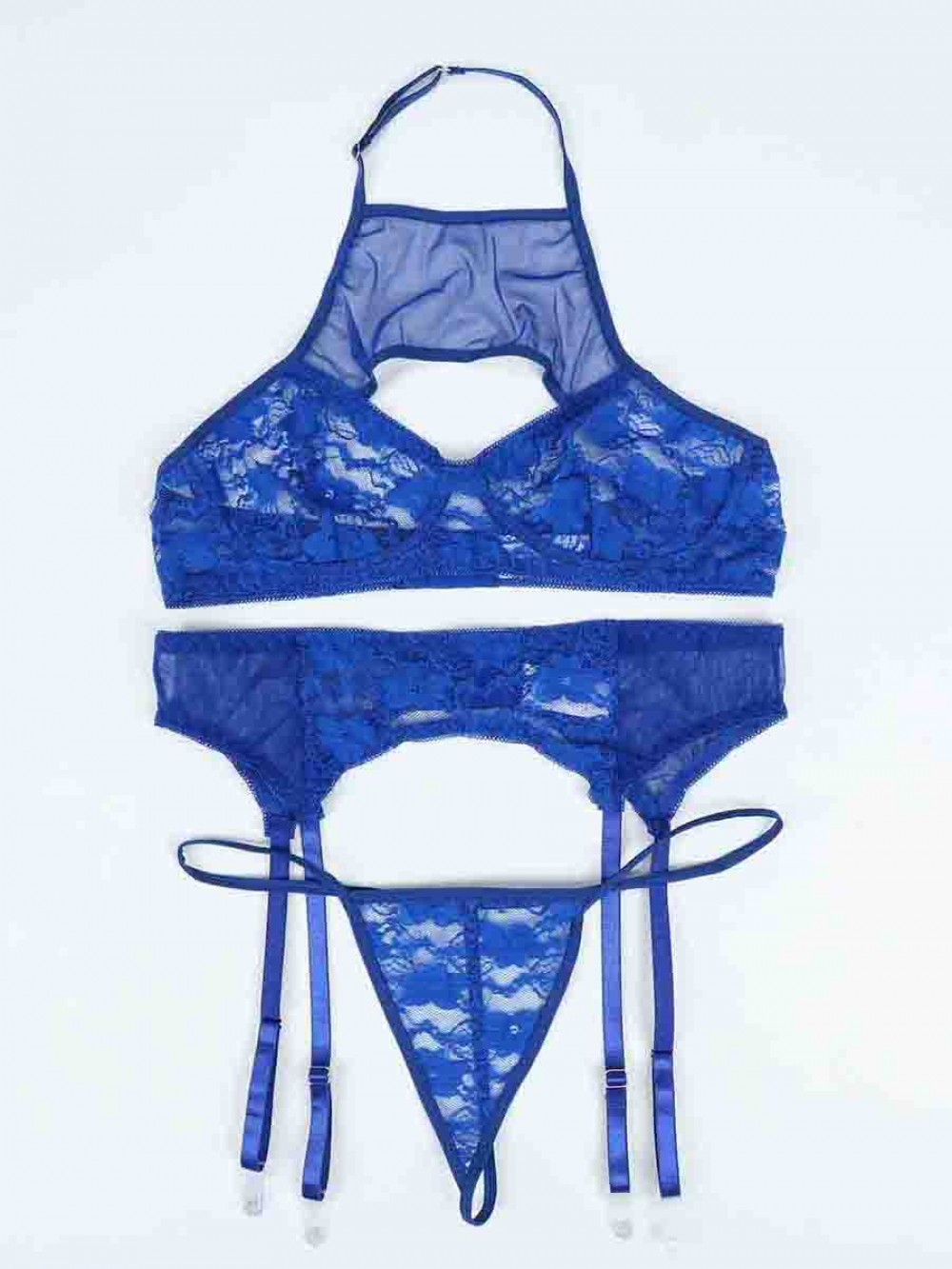 Eye-Catching Blue Halter Mesh Bra Set With Garter Belt