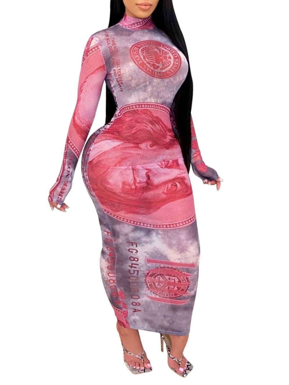 Pink Long Sleeve Maxi Length Bodycon Dress High Collar Fashion