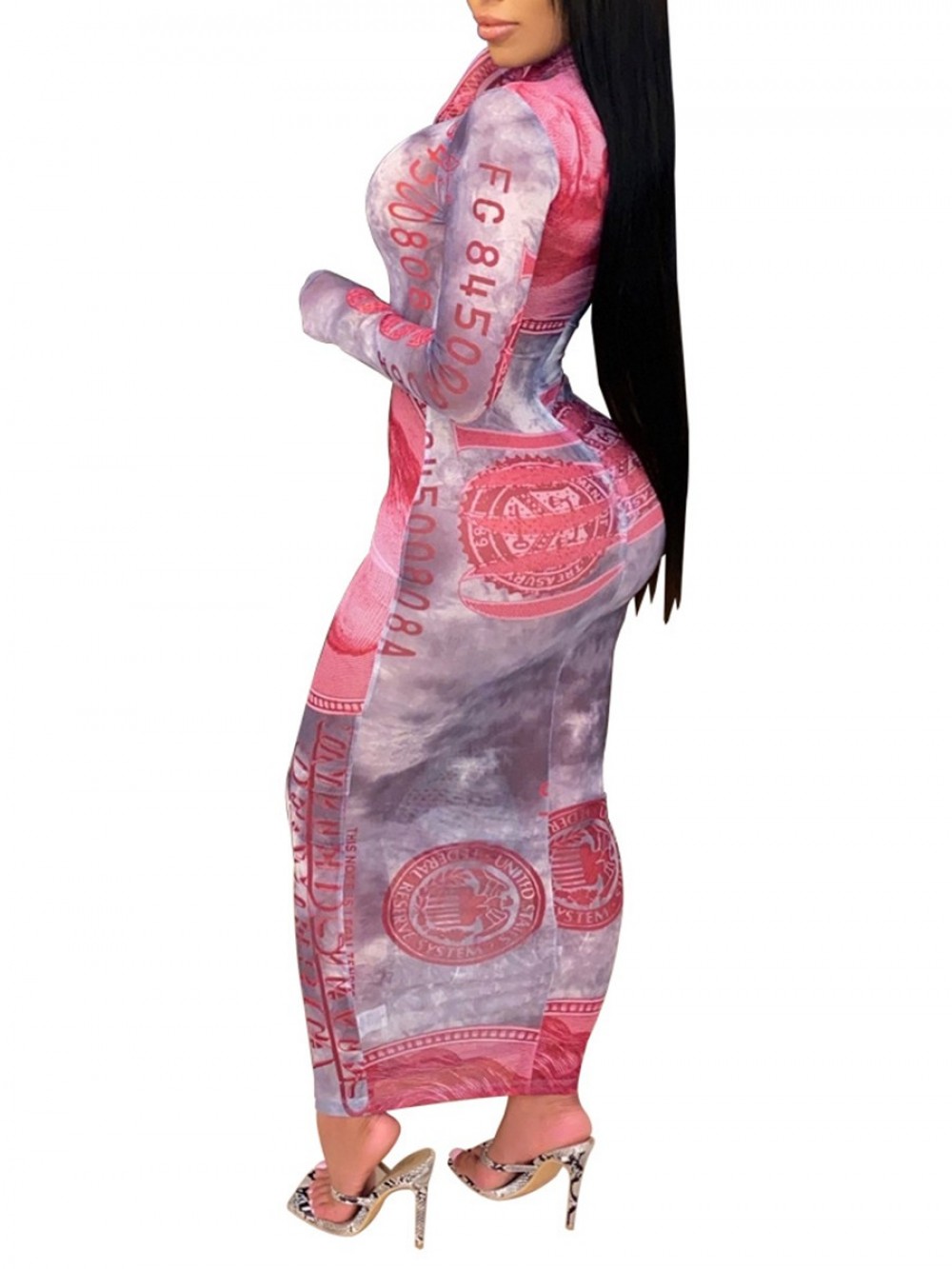Pink Long Sleeve Maxi Length Bodycon Dress High Collar Fashion