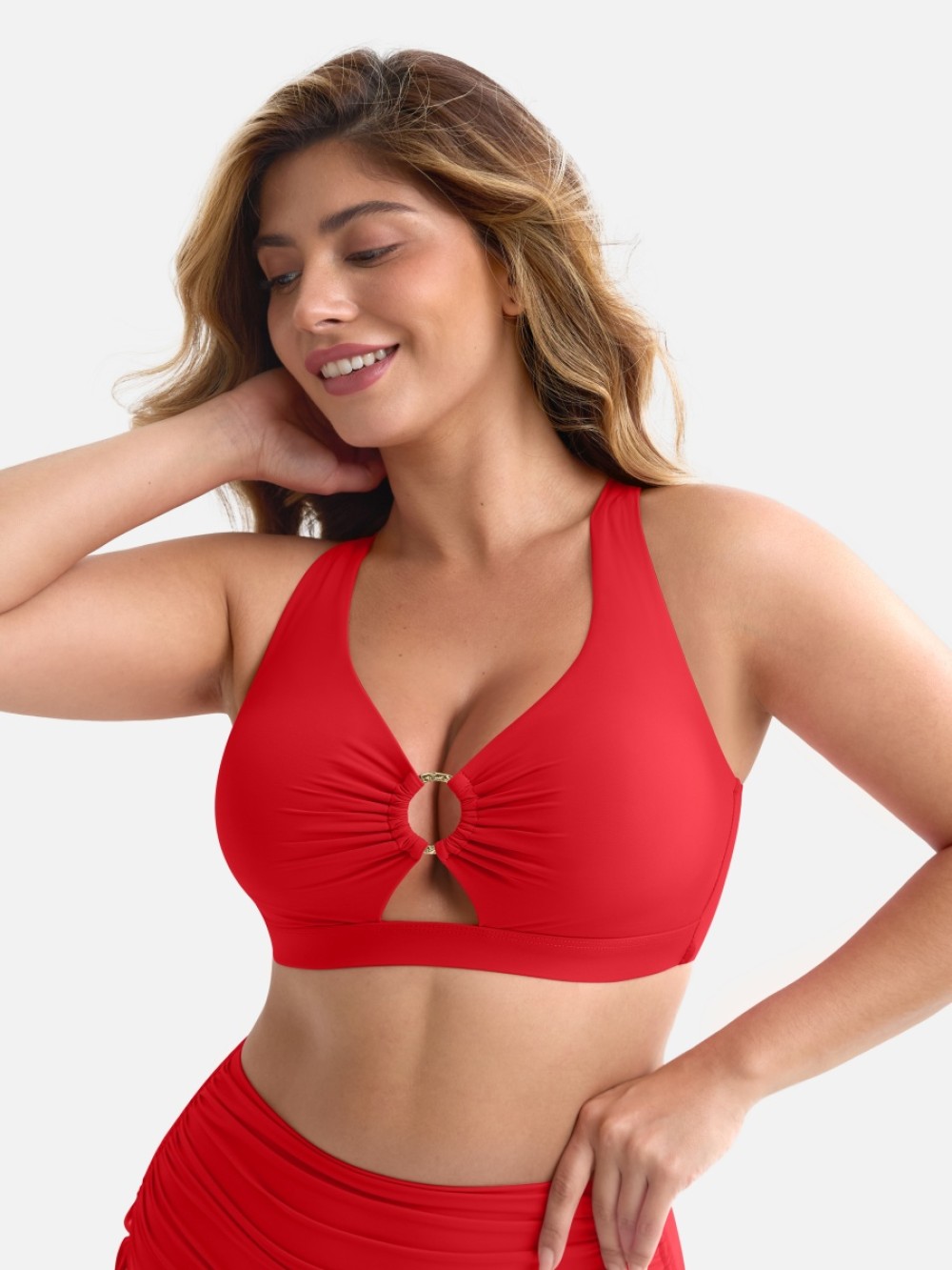 Wide Strap Deep V Metal Ring Swimsuit Built-in Bust Support Side Drawstring Bottoms