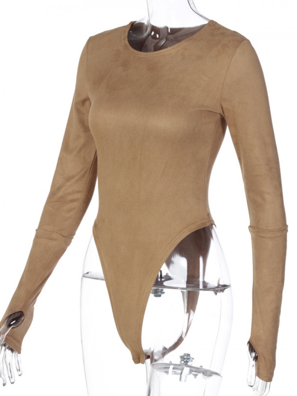 Light Tan Crotch Button Thumbhole High Cut Bodysuit Womens