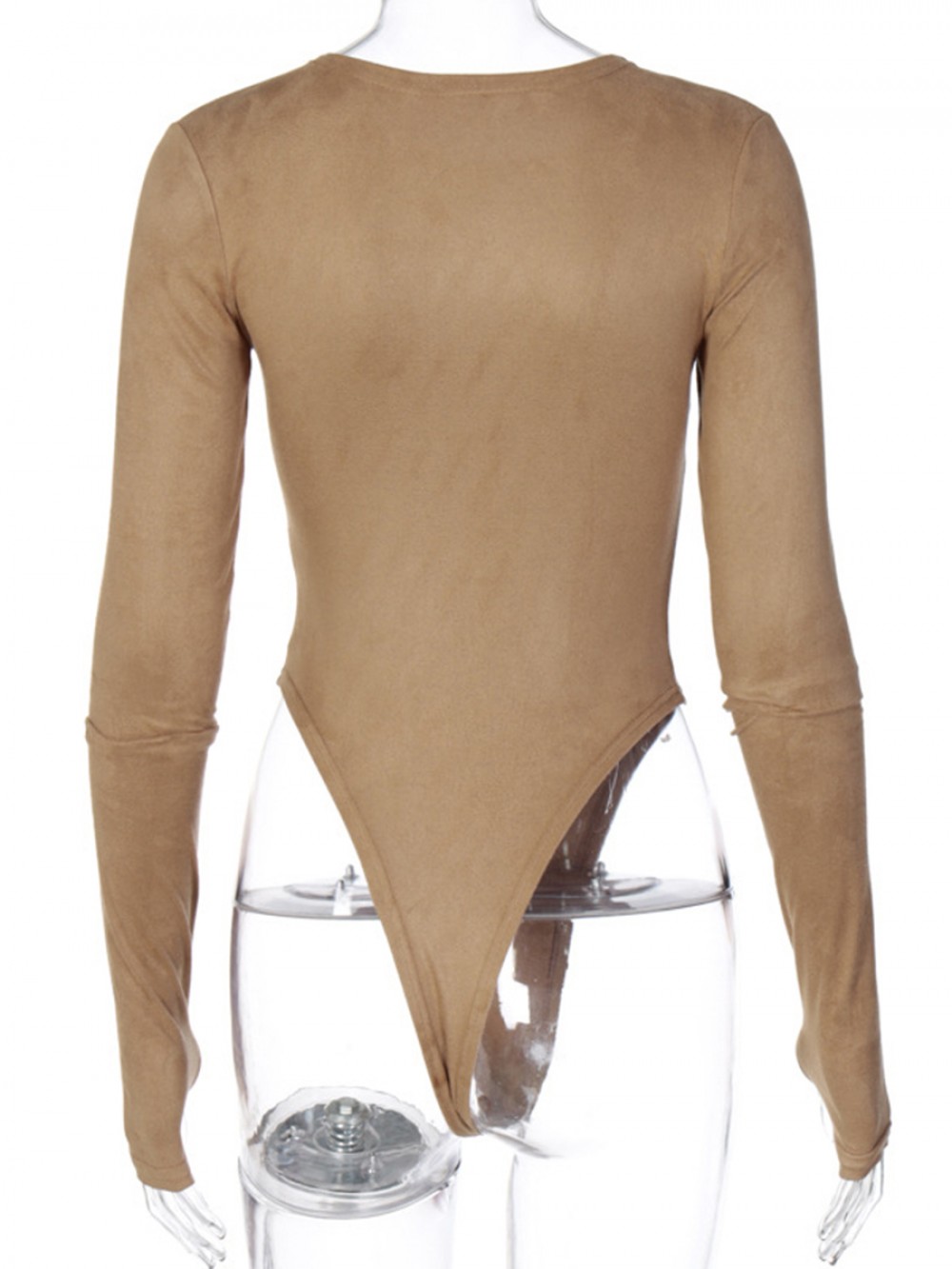 Light Tan Crotch Button Thumbhole High Cut Bodysuit Womens