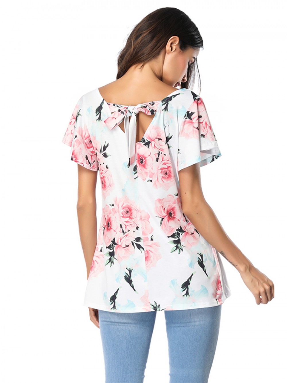 White Short Sleeves Shirt Tie At Back Cut Out