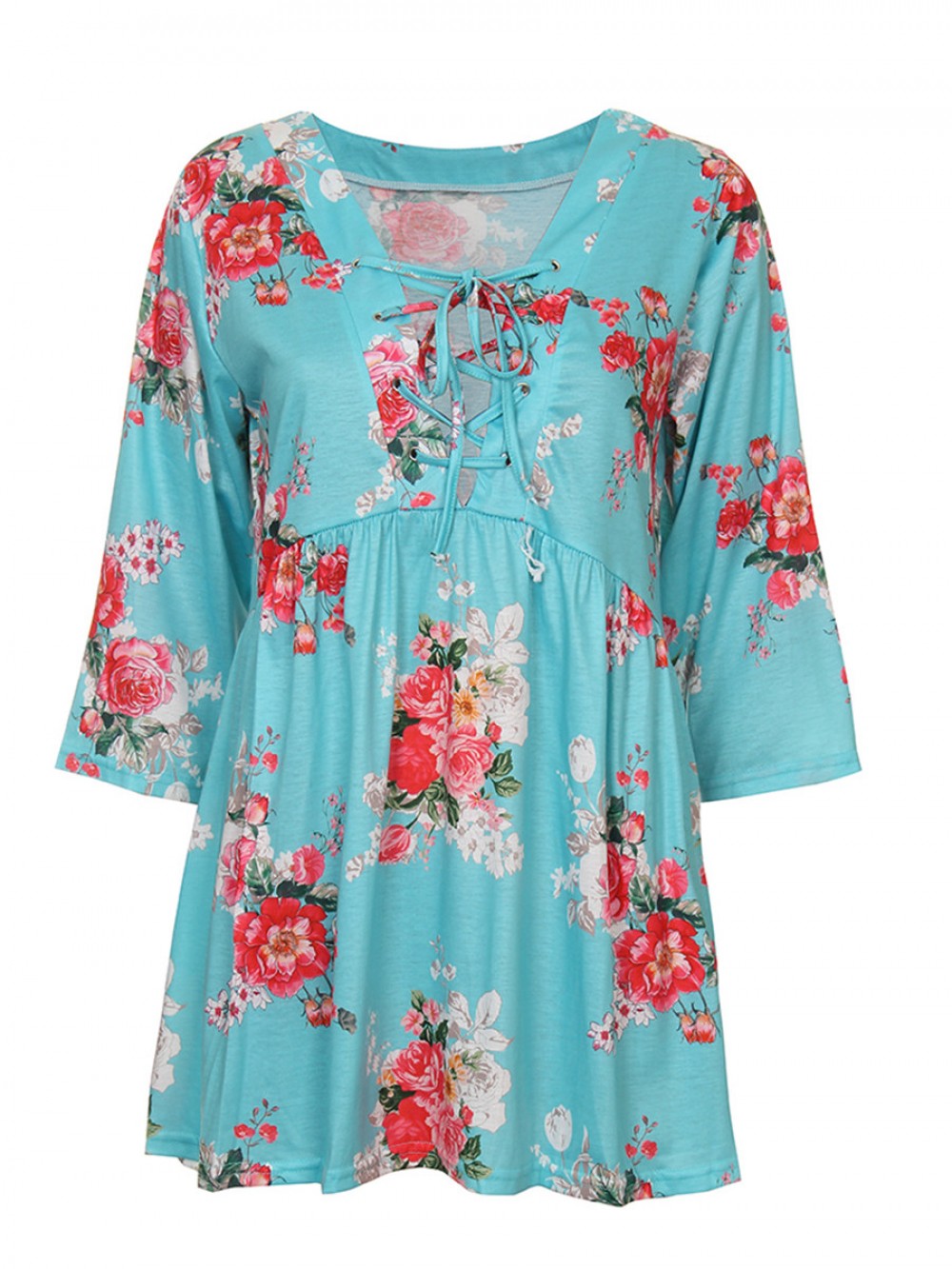 Green Floral Printed V Neck Lace-Up Ruffle Shirt