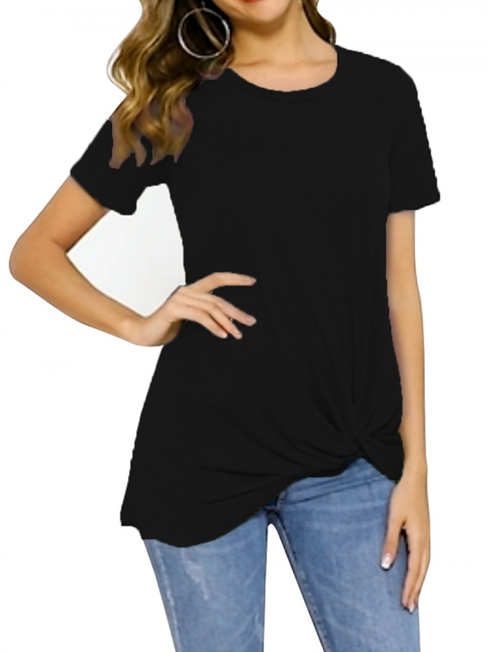 Black Round Collar Short Sleeves Knotted Shirt Soft-Touch