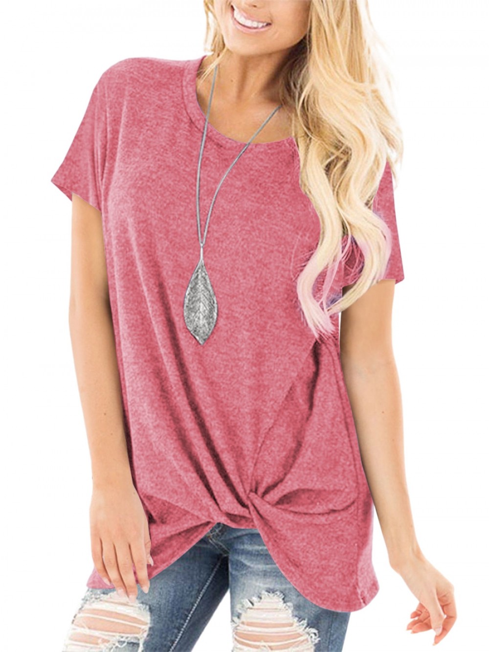 Pink Hip Length Round Collar T-Shirt For Streetshots