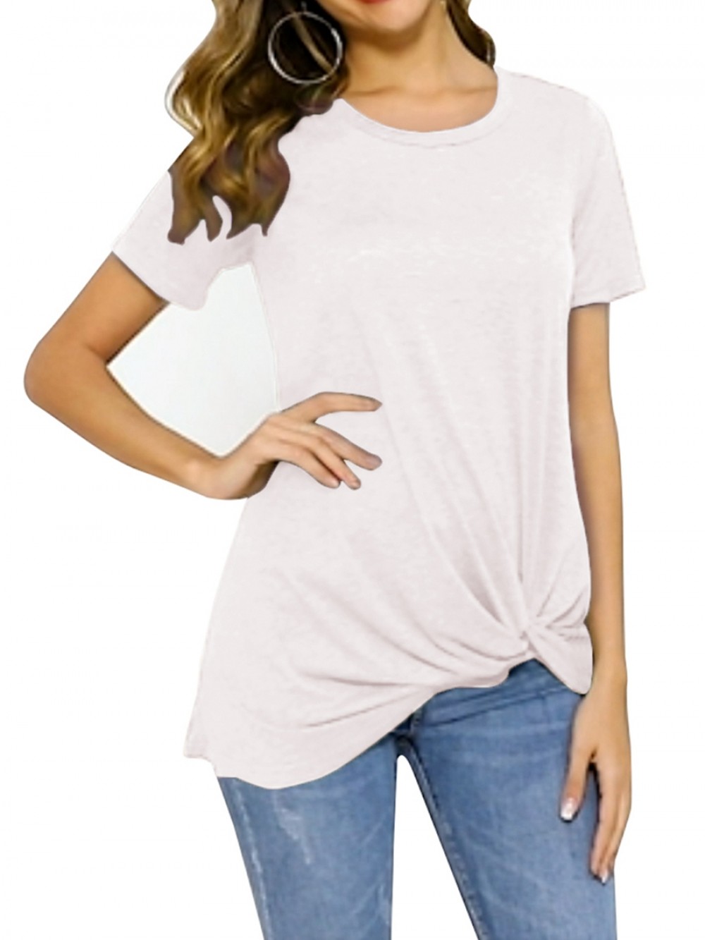 White Relax Fit T-Shirt Solid Color Crew Neck For Ladies