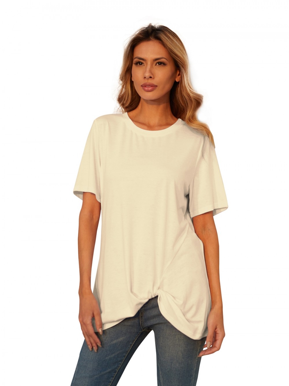 Beige Shirt Short Sleeve Hip Length Natural Women Fashion