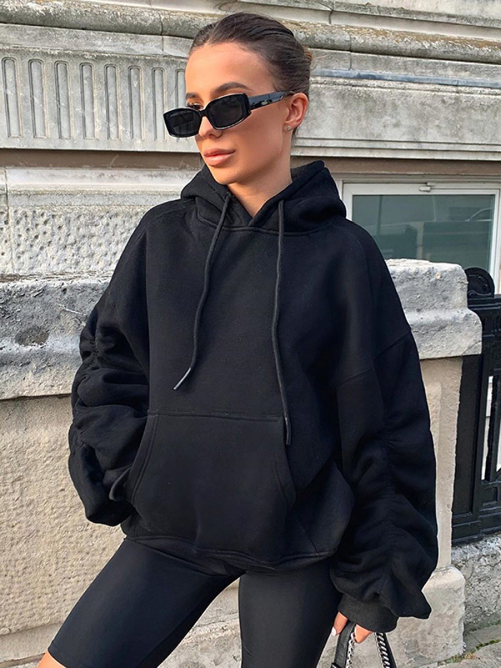 Black Hooded Neck Solid Color Pocket Sweatshirt Women's Clothing