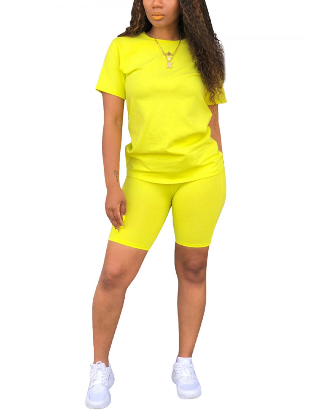 Dreamlike Yellow Solid Color Short Sleeves Sweat Suit For Women