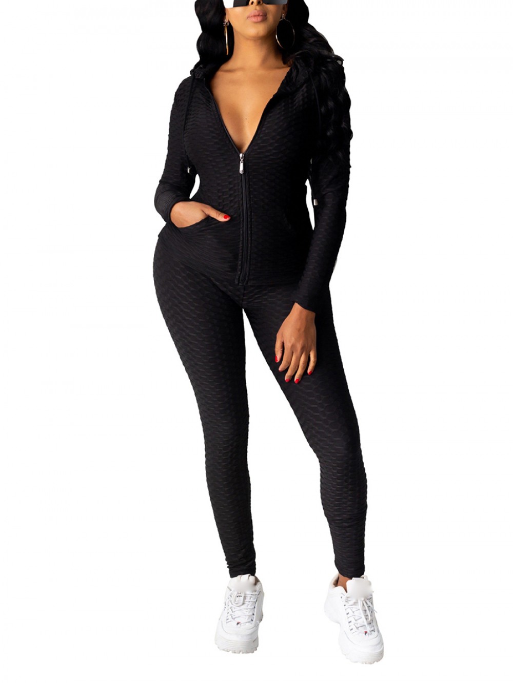 Black Hood Workout Two-Piece With Pocker Comfort Women