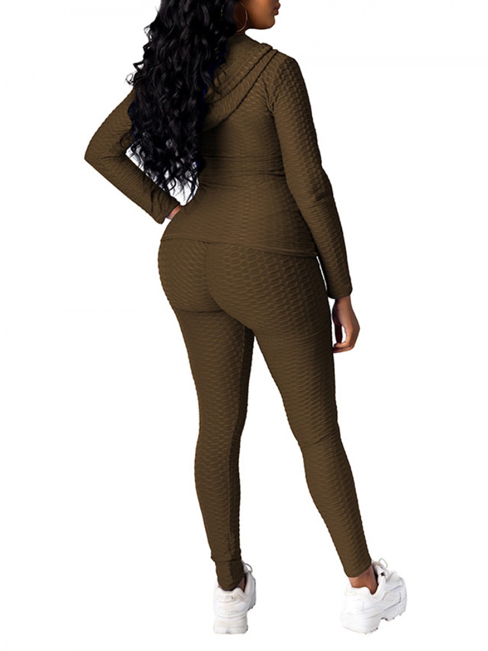 Brown Side Pockets Hoodie Sports Top Suit For Sexy Women