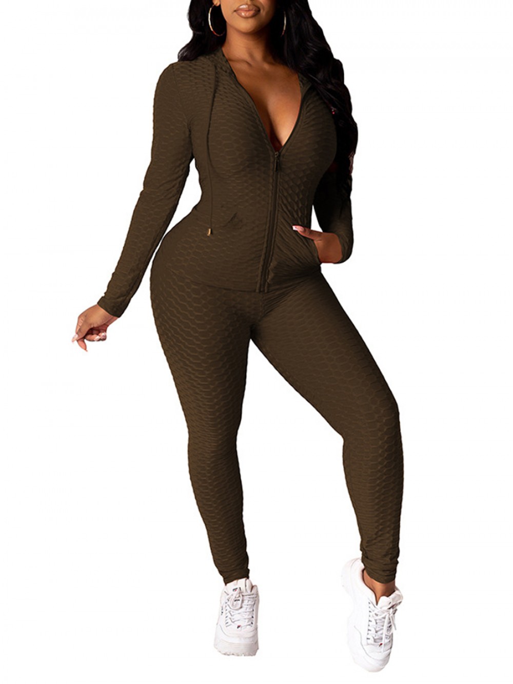Brown Side Pockets Hoodie Sports Top Suit For Sexy Women