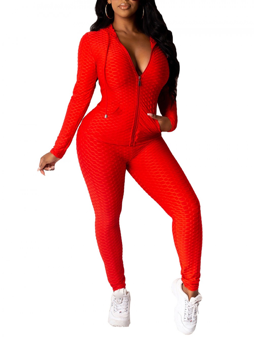 Red Hooded Neck Zipper Pocket Sports Suit Svelte Style