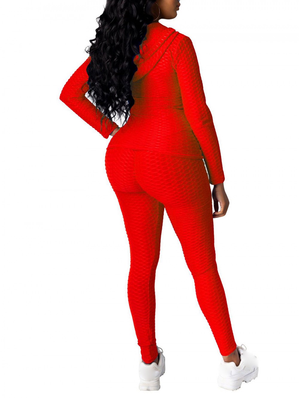 Red Hooded Neck Zipper Pocket Sports Suit Svelte Style