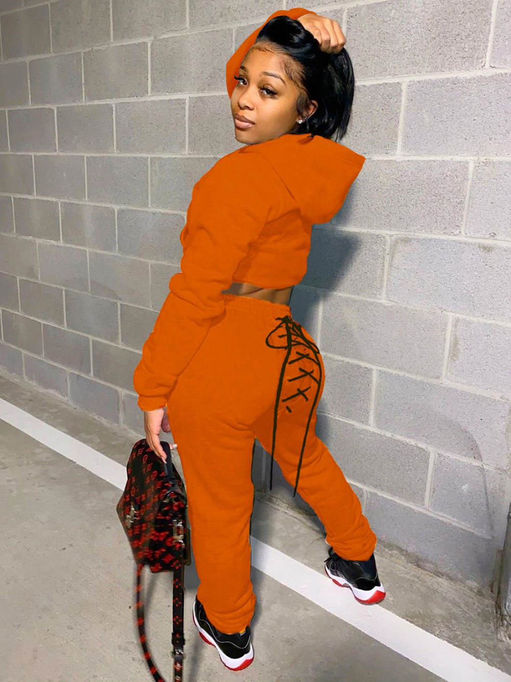 Orange Lace-Up High Waist 2-Piece Outfits Supper Fashion