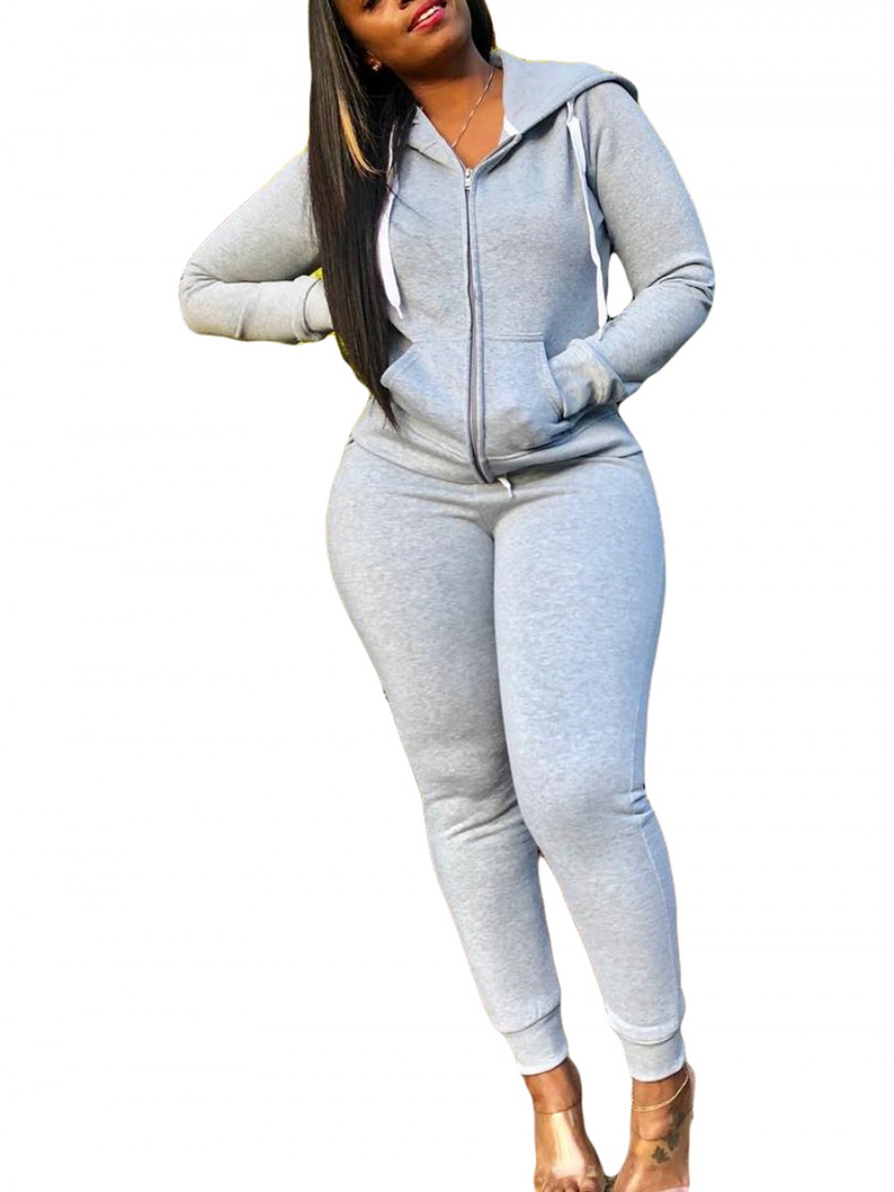 Gray 2 Piece Outfit Drawstring High Waist Sensual Curves