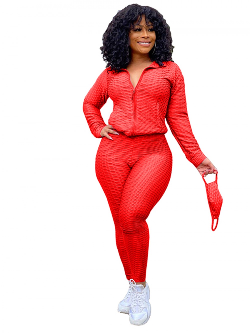 Red Plus Size Zipper Pockets Sport Suit Regular Fit