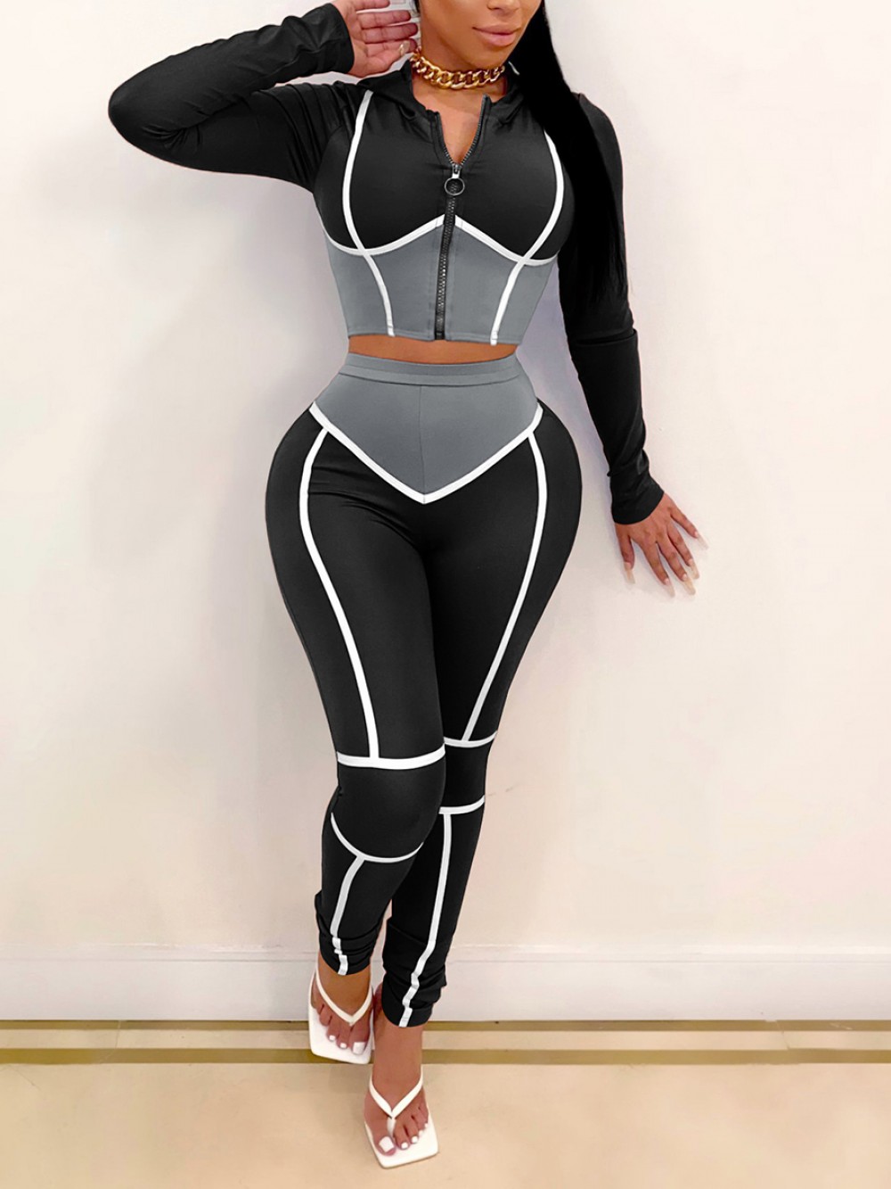 Black Colorblock Hooded Neck 2 Piece Outfit Going Out Outfits