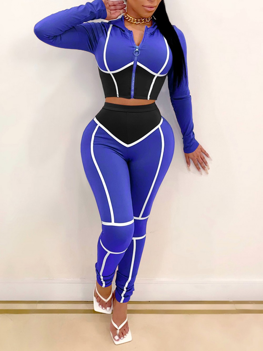 Blue Contrast Color 2 Piece Outfits Hooded Neck Modern Fashion