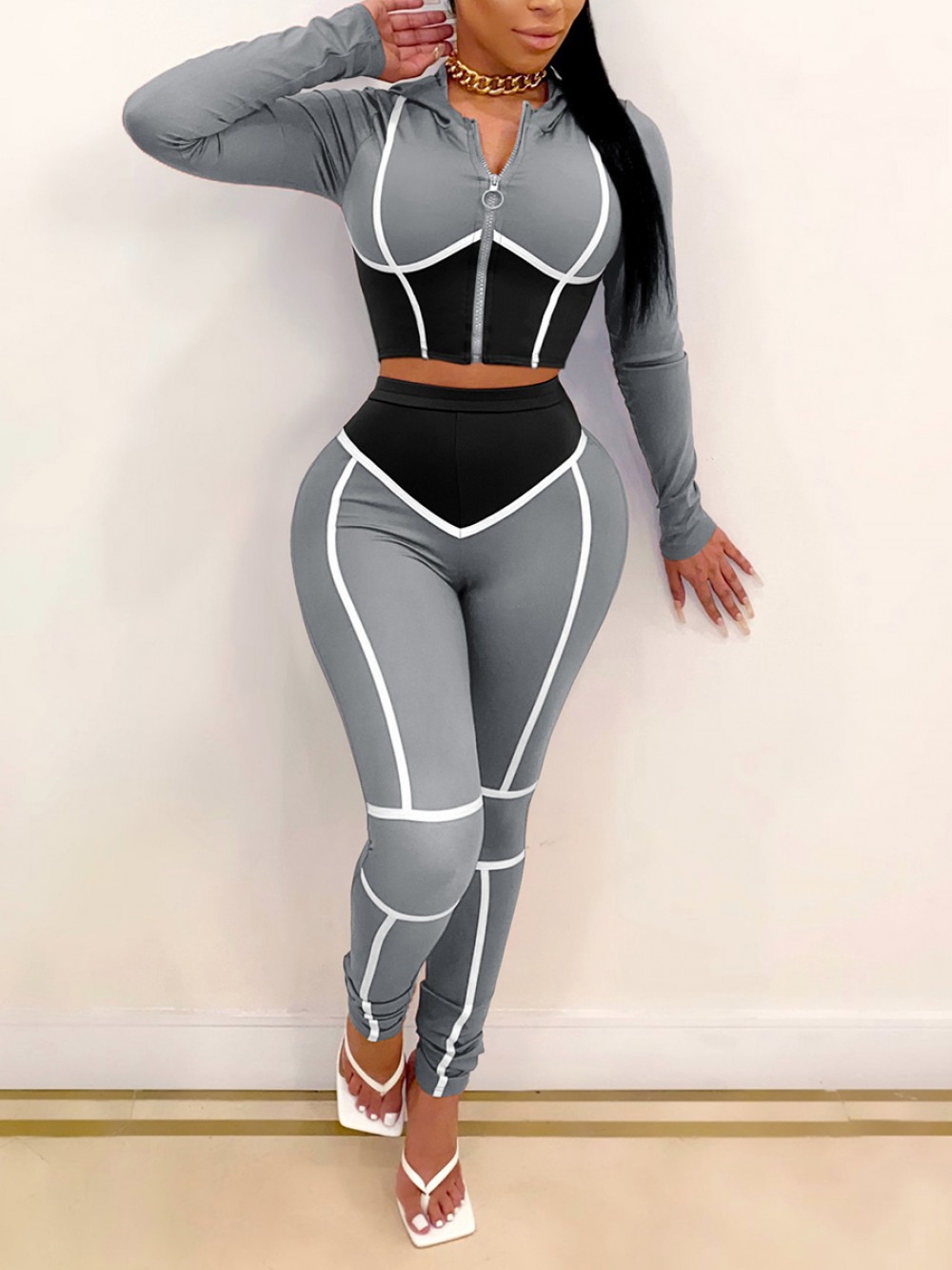 Gray Hooded Neck 2 Piece Outfit High Waist Fashion Trend