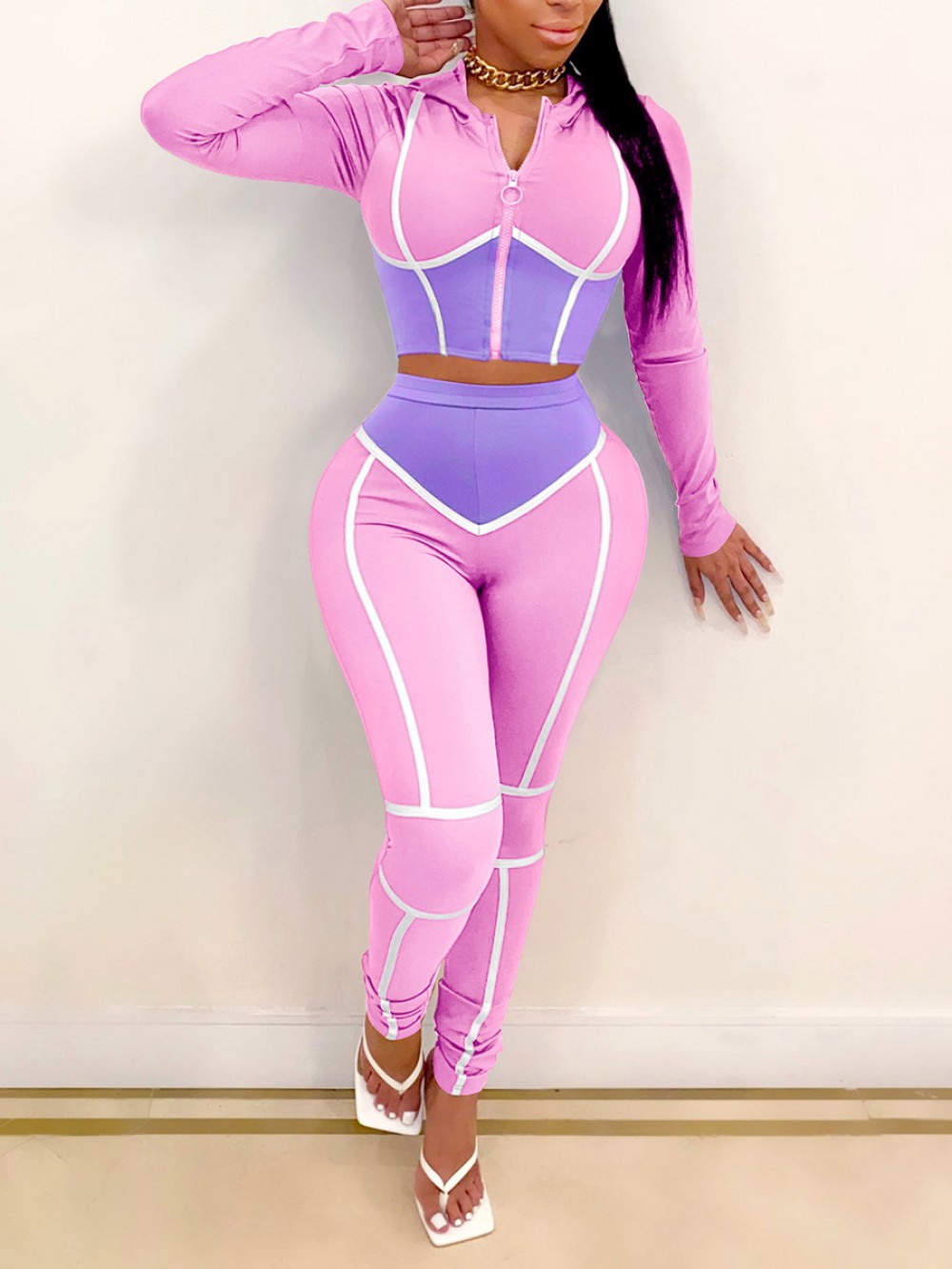 Paradise Pink Zipper Hoodie And Colorblock High Rise Pant