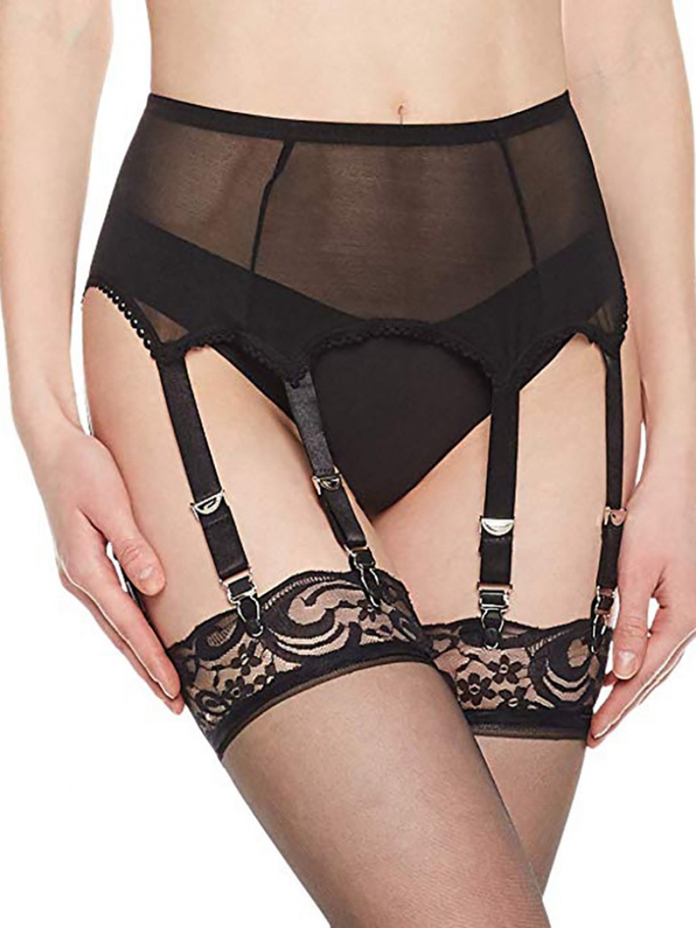Black Sheer Mesh Buckles Anti-Skid Garter Belt
