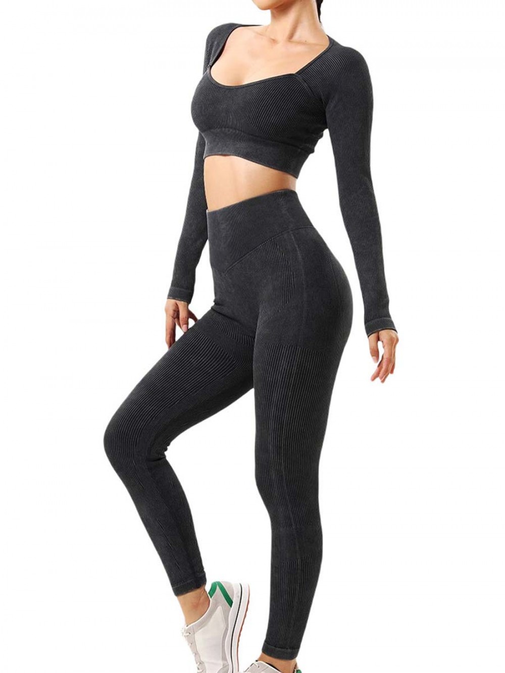 Solid Color Long Sleeve Crop Top Fitness Yoga Tops