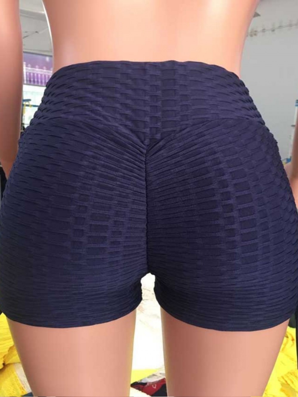 Navy Blue Sports Shorts Solid Color Wide Waistband