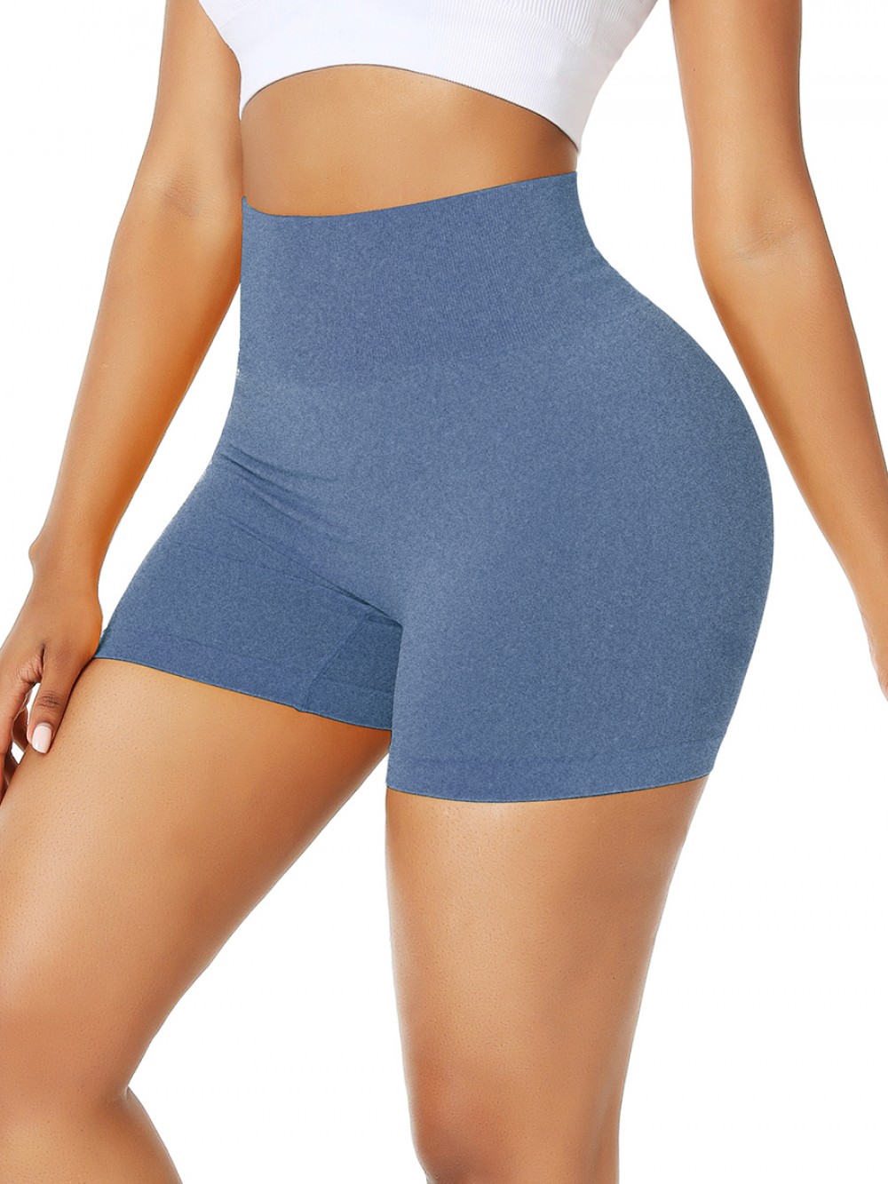 Blue Slim Sports Shorts Thigh Length Solid Color Workout Apparel